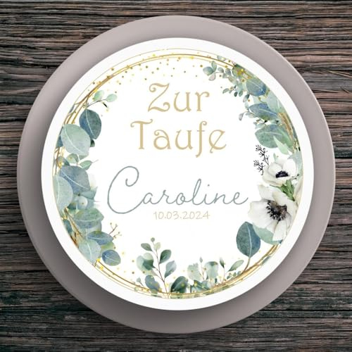 Tortenaufleger Taufe Eukalyptus #1 Name & Datum (20cm)