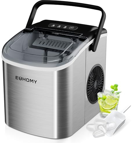 EUHOMY Eiswürfelmaschine, 12 kg in 24 Stunden, 9 Eiswürfel in 8 Minuten, Edelstahl, leistungsstarke Eismaschine mit Tragegriff, Löffel, für Haus/Küche/Camping