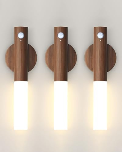 Battery-Operated Motion Sensor Night Lights: 2200mAh Rechargeable Wall Sconces Magnetic Wall Lights Wireless Stairway Lights Portable Hallway Light Wooden Wall Lighting for Bedroom Stair Picture