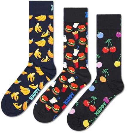 Happy Socks Classic Crew Socken für Damen und Herren – Bananen, Burger & Kirschen – 3er-Pack, Größe 41–46