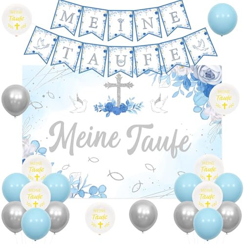 Jollyboom Meine Taufe Deko Junge, Blau Taufe Dekoration Taufe Girlande Banner, Taufe Luftballons Hintergrund Deko für Babyparty Babydusche Taufe Deko Erstkommunion Taufe Party Dekoration