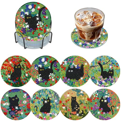 DOMROM Diamond Painting Lot de 8 dessous de verre de peinture diamant avec support, chat noir, peinture diamant, photos, fleurs, sous-verres pour adultes