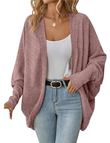 OULIWANGLUO Damen Leichte Fledermausärmel Strickjacke Mid Lang Cardigan mit Taschen Casual Lockere Strickpullover für Herbst