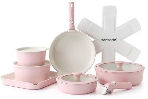 SENSARTE 17 Pièces Lot Poele et Casserole Induction, Revêtement Céramique Antiadhésif, Batterie de Cuisine avec Couvercle, Poignées Amovibles,Empilable, Compatible Lave-vaisselle