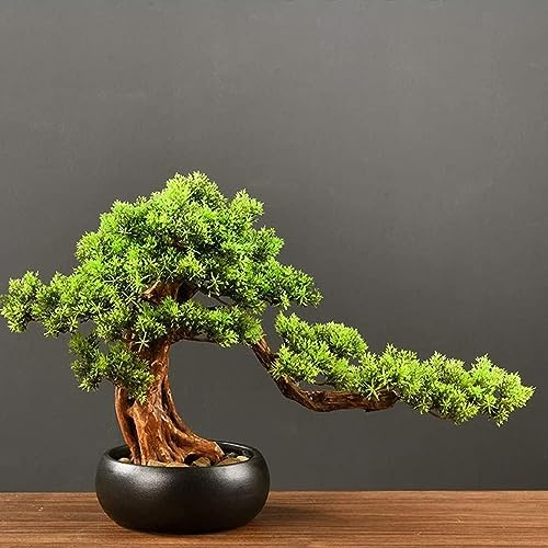 Kunstbonsai Naturgetreue Künstliche Pflanze Kunstbaum Bonsai Zeder Kiefer Podocarpus Plastik Pflanze Kunstpflanze Mit Keramik-Übertopf In Schwarz for Baddeko Desktop Büro Fensterbank(A)