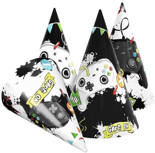 WERNNSAI Partyhüte Für Geburtstage Mit Videospielen – 12 Teiliges Gaming Partyzubehör Party Kopfbedeckungen Aus Papierkegelhüten Für Kinder Jungen Gamer Party Dekoration