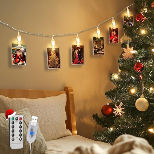 Aigostar 6M 40LED Clip Lichterkette mit 40 Fotoclips, Lichterkette mit Fernbedienung, Fotoclips Girlande Dekoration für Weihnachten, Schlafzimmer, Hochzeiten (Warmweiß)