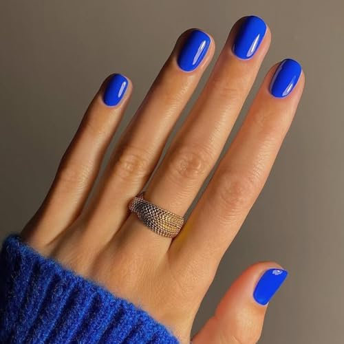 SXVME Royal Blue Press on Nails Short Square Acrylic Short False Nails Coffin Natural Acrylic Fake Nails Set Elegant Solid Color Full Cover Glossy Gel Stick on Nail for Women Daily Wear 24 Pcs