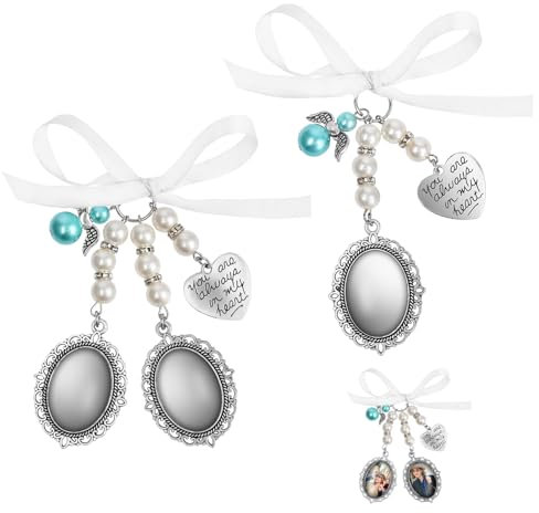 2 Stück Memorial Anhänger Brautstrauß, Hochzeitsstrauß Brautstrauß Anhänger Hochzeit Bouquet Foto Charme Vintage Oval Bildanhänger Schleife Perlen Hochzeitsstrauß Bilderrahmen für Brautparty Jubiläum