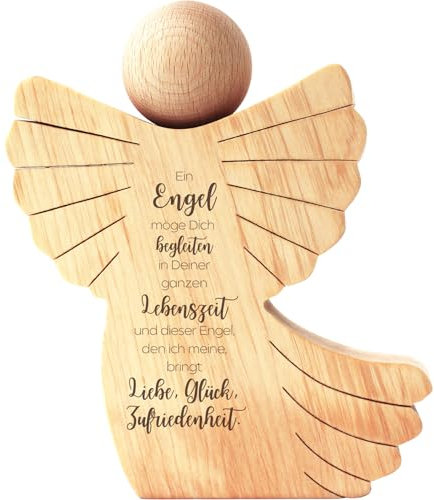 Geschenkissimo Liebe Glück Zufriedenheit - Engel aus Holz, Engelsfigur mit Spruch als Schutzengel zur Geburt, Taufe, Geburtstag Geschenkidee
