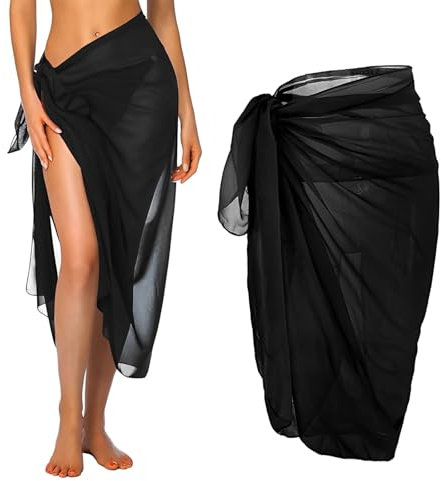dinghaole Beach Wrap Sarong, Long Beachwear Bikini Cover Up Chiffon Swimsuit Wrap, Women Holiday Beach Wear Cover, Beach Skirts for Women, for on Beaches, Swimming Pools and Cruise Ships Black