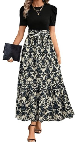 Spring Dress Fleurie Mes Commandes Et Elegant Femme Été Volants Robe Fluide Femme Été Col Rond Boheme Chic Bleu Marine Ample de Cocktail Manche Courte Elegante Robe Blanche Longue Bleu Marine L