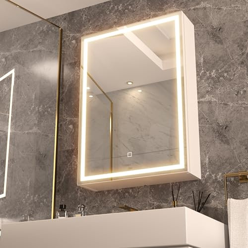 Réflexon Badezimmer-Medizin-Spiegelschrank, 28 x 20 cm, LED-beleuchtet, mit Steckdosen und USB, Anti-Beschlag-Beschichtung, dimmbar, Licht und Farbanpassung, einfach zu installieren