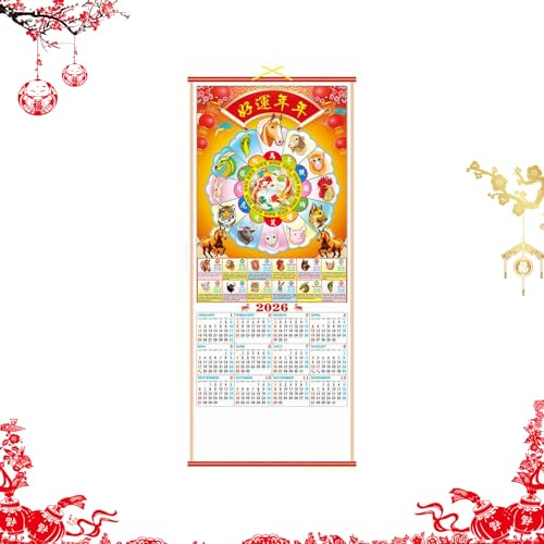Chinesische Kalender 2026 Jahr des Pferdes Chinesischer Neujahrskalender Scroll-Wandkalender Tagesplaner Planer Chinesischer Neujahrs-Hängekalender (B)