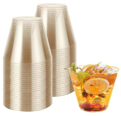 KINGSUSLAY 50PCS Premium Plastic Party Cups, Clear Hard Plastic Cups with Gold Glitter (265ml / 9oz) - Reusable Plastic Glasses, Tumblers, Gold Cups for Drinks, Cocktail, Dessert, Wedding, Parties.