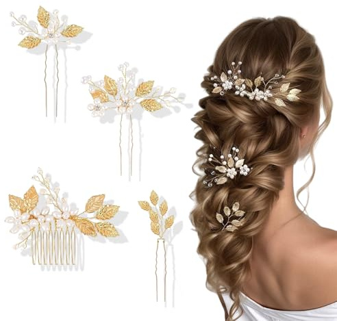 fKiZanthene Accessoires Cheveux Mariage Lot 4 Pièces, Peigne et Épingles Perles Fleur, Bijoux de Cheveux pour Femme Style Couronne, Set Réglable pour Mariée et Demoiselles d’Honneur à la Maison ou au