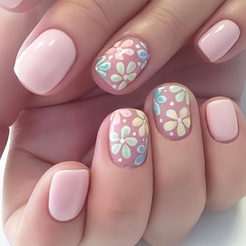 BelleFlair 24Pcs Pink Press on Nails for Kids and Girls, Spring Summer Short Square Fake Nail Kit, Colorful Flower Design, Glossy Stick on Nail Manicure, Cute Full Cover Tips for Kids Adults