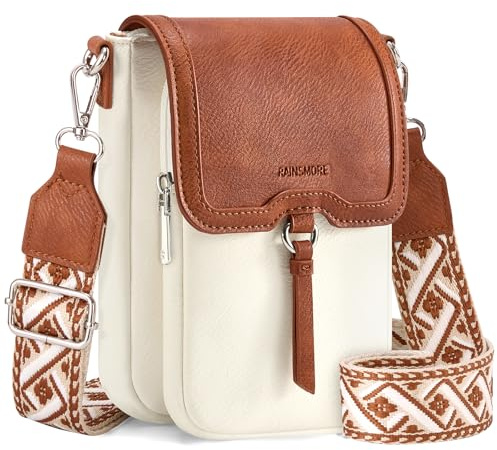 RAINSMORE Cross Body Bag Women Soft PU Leather Shoulder Bag Waterproof Crossbody Phone bag Women's Cross-Body Bags Handbags with Adjustable Wide Straps White ＆ Brown
