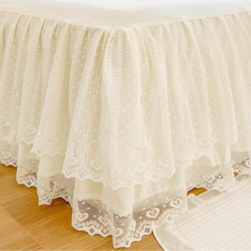 RANJIMA Gefalteter Bettrock, 150x200cm Doppellagige Tagesdecke mit Rüschenrock zum Umwickeln Bettvolant Volant Betthusse mit Spitze verzierter Bettrock Französischer Stil Geschenke für Frauen, Beige