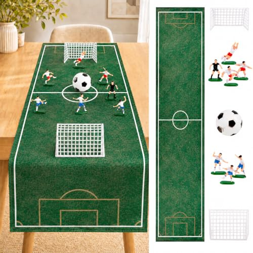 Fußball Tischläufer Geburtstag Deko - Tischdecke mit Mini Fußballmannschaft | 40 x 140cm Grün Tischdeko Party Dekoration, Fussballfeld & Fussball Zubehör Accessoire, Garten Drinnen & Draußen Tischdecken