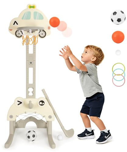 Funsland 4-i-1 barnbasketkorg inomhus – basketstativ med basket, fotboll, golf, ringkast, justerbar höjd 78–142 cm, utomhus för barn från 1–7 år, trädgårdsgåva leksak