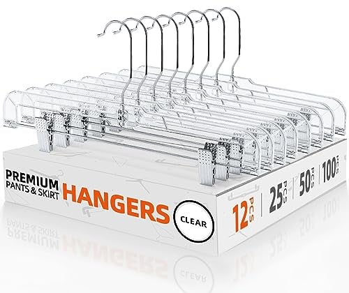 House Day - Lote de 12 perchas de 35,5 cm con clip de plástico transparente para colgar faldas o pantalones