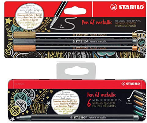 Premium Metallic-Filzstift - STABILO Pen 68 metallic - 6er Metalletui mit Hängelasche & Premium Metallic-Filzstift - STABILO Pen 68 metallic - 3er Pack - gold, silber, kupfer