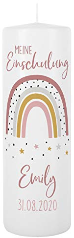 Striefchen® Regenbogen Kerze zur Einschulung als besondere Tischdekoration zum Schulanfang mit Namen des Kindes Mädchen