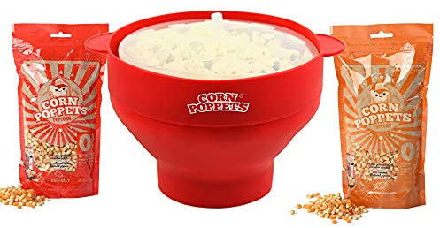 CORN POPPETS | Palomitero para Microondas de Silicona | Recipiente para Hacer Palomitas en el Microondas sin Aceite | Color Rojo + 2 Bolsas de Granos de Maiz Sabor Dulce y Salado