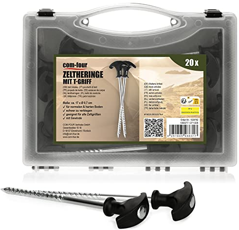 com-four® 20x Zelt-Heringe aus Stahl - robuste Erdnägel mit Gewinde in Transportbox, für Camping und Outdoor - ideal für normalen und harten Boden, mit T-Griff