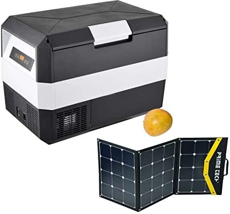 Prime Tech Kompressor-Kühlbox Eco-Line 25/30 Liter inkl. Solarpanel, bis -22 Grad, 12/24/230 V für Steckdose, Auto, LKW, PKW, Boot, Reisemobil (Kühlbox 30 l + Solarpanel) Diverse Größen