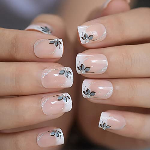 Daterkey Lot de 24 faux ongles carrés courts et français avec strass pour femmes et filles