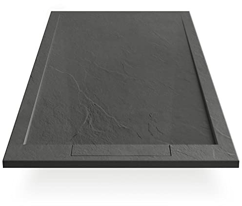 EGO INTERIORS Premium Design Duschwanne 120 x 70 cm Schieferoptik, Grau Matt, Flache Anthrazit Duschtasse aus Mineralguss, Rutschfeste Struktur, Superflach, Rechteckiges Duschbecken