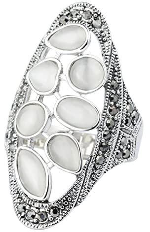 YAHOYA Luxus Opal Ring für Frauen Vintage Hochzeitsschmuck Antik Tibetisch Silber Grau Kristall Großer Ring
