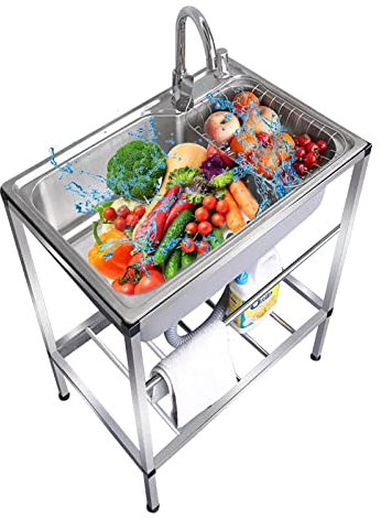 WORDFUN Freistehende Küchenspüle Waschtrog, Spülenschrank Mit Spüle Und Armatur, Gewerbliche Gastro Spülbecken, Außenbereich Spülbecken, Gartenwaschbecken, Outdoor Küchenschrank, Singleküche