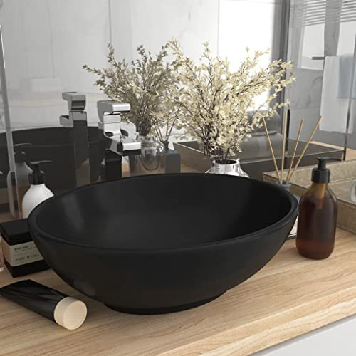 HOMIUSE 40x33x13,5 cm Lavabo Colgante con Desagüe Negro Mate Lavabo Baño Lavabo de Lujo Ovalado Cerámica Lavabo Sobre Encimera Lavamanos Baño Lavabo Piedra Lavabo Suspendido