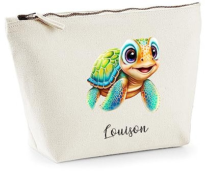 SB104 Trousse personnalisée en coton Bio Tortue 5, marquage prénom, existe en 2 tailles, trousse de toilette, prénom, cadeau anniversaire, cadeau femme maquillage, cadeau personnalisé