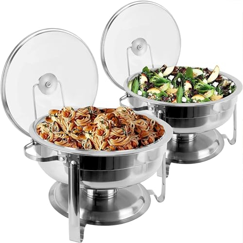 Dremdo Stainless Steel Round Buffet Chafing Dish Glass LID 4.5 Litre Food Warmer Catering with Lids Food Pans Bain Maries And Fuel Holders for Restaurant Catering Parties Weddings,2pcs