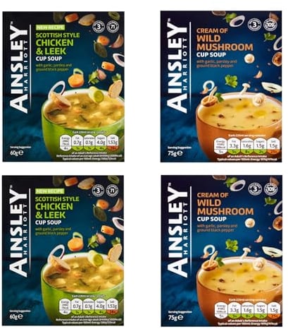 Ainsley Harriot Instant Cup Soup - 4 Pack Bundle - Wild Mushroom and Chicken and Leek (12 Sachets Total)