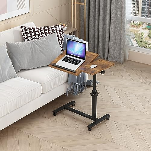 TigerDad Überbett-Nachttisch, mobiler Roll-Laptop-Ständer, neigbarer Überbetttisch mit Rollen, höhenverstellbarer Tabletttisch für Laptop, Bett, Sofa, Beistelltisch (Rustic Brown)