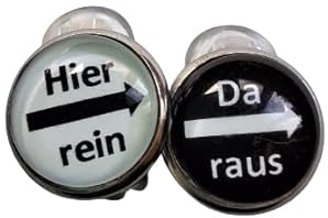 hier rein und da raus schwarz weiß Ohrclips mit Polster Edelstahl 12 mm