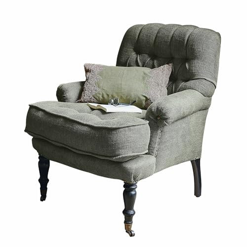 Loberon Sessel Gyldford, Klassische Chesterfield-Optik, Handgedrechselte Füße mit Rollen, Unregelmäßige Oberflächenstruktur, Sitzmöbel, Mangoholz, Baumwolle, Viskose, grün