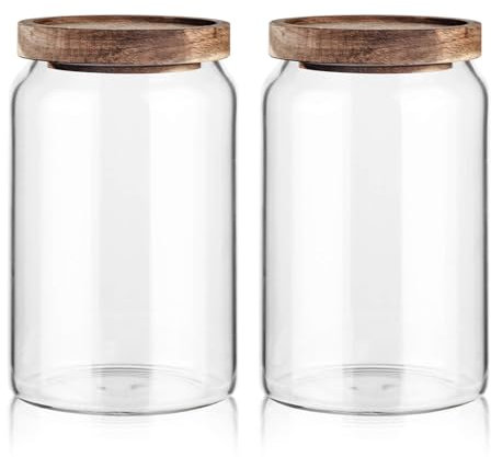 Labina Vorratsgläser Mit Holzdeckel - Glasbehälter Töpfe Weithals Aufbewahrungsglas, Luftdicht für Zucker, Kekse, Spaghetti, Nüsse und Süßigkeiten - 2x1000ml