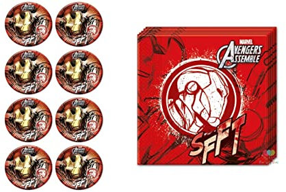 ALMACENESADAN, 5112 Lot de 8 assiettes en carton 23 cm et 20 serviettes en papier 33 x 33 cm (Iron Marn, Avengers)