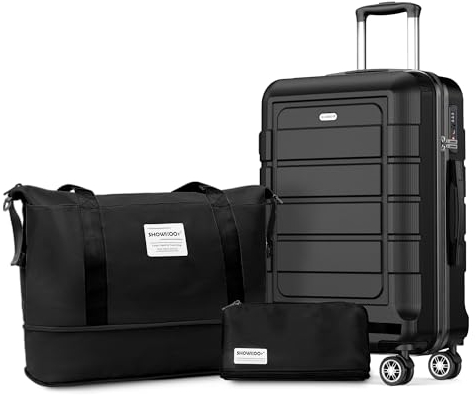SHOWKOO Koffer Klein Hartschale Leicht ABS+PC Reisekoffer Kabinen Haltbar Handgepäck Sets 4 Rollen TSA-Schloss mit 1 Reisetasche und 1 Kulturtasche, M -Schwarz