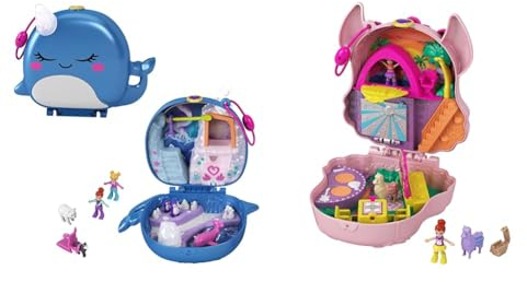 Polly Pocket GKJ52 - Narwal-Eisspaß Schatulle mit lustigen Überraschungen & GKJ50 - Lama-Musikparty Schatulle, Bühne, drehbare Tanzfläche, Imbissstände