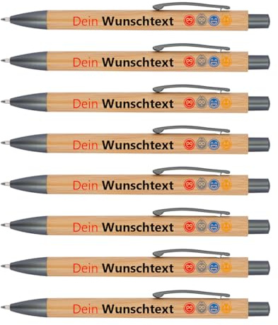 Personalisierte Bambus-Kugelschreiber mit Wunschdruck, Logos und Emojis | Umweltfreundliches Werbegeschenk | Hochwertiger Werbekugelschreiber als Geschenk für Messen | Blau schreibend (25Stück)