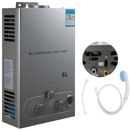 6L/8L Durchlauferhitzer, 16 KW Gas Durchlauferhitzer, LPG Warmwasserbereiter Durchlauferhitzer,Maximale Warmwassertemperatur 60℃/167℉, G 1/2-Anschluss, φ 4,5 Abgasrohrauslass (8L)