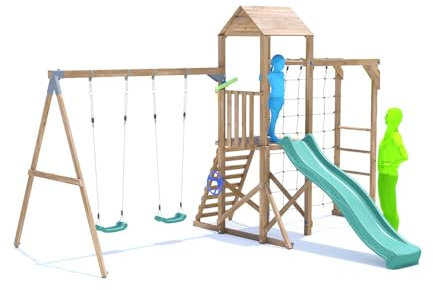 Dunster House Climbing Frame with Double Swing, High Platform, Monkey Bars, Cargo Net & Slide SquirrelFort