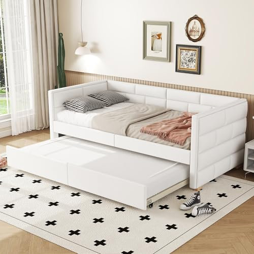 Polsterbett Kinderbett 90x200 cm, Ausziehbar Schlafsofa Tagesbett mit Ausziehbett, Gästebett Sofabett Einzelbett/Doppelbett Jugendbett Bettgestell mit Lattenrost aus Holz, Linen, Ohne Matratze, Beige